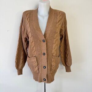 American Eagle Cable Knit Sweater Cardigan Camel Tan Button Down Neutral Sz XS